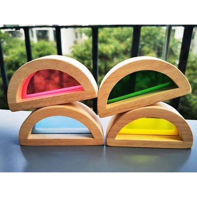 Het Houten Toy Sensory Rainbow Mirror Blocks Stevige Rubberhout die van jonge geitjesmontessori Acrylbuliding-Stapelaar stapelen Onderwijs