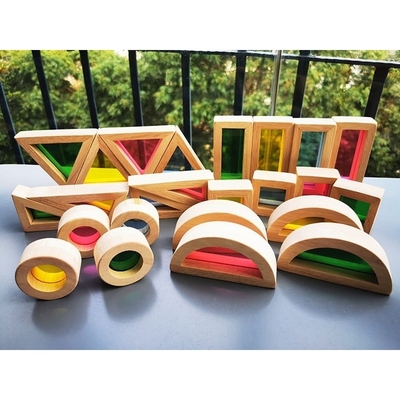 Het Houten Toy Sensory Rainbow Mirror Blocks Stevige Rubberhout die van jonge geitjesmontessori Acrylbuliding-Stapelaar stapelen Onderwijs