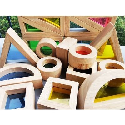 Het Houten Toy Sensory Rainbow Mirror Blocks Stevige Rubberhout die van jonge geitjesmontessori Acrylbuliding-Stapelaar stapelen Onderwijs