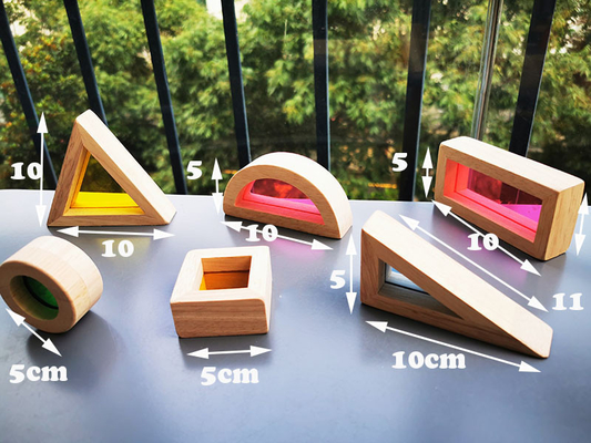 Het Houten Toy Sensory Rainbow Mirror Blocks Stevige Rubberhout die van jonge geitjesmontessori Acrylbuliding-Stapelaar stapelen Onderwijs