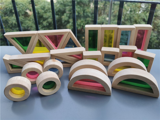 Het Houten Toy Sensory Rainbow Mirror Blocks Stevige Rubberhout die van jonge geitjesmontessori Acrylbuliding-Stapelaar stapelen Onderwijs