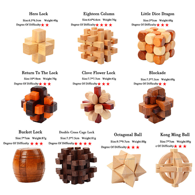 Het houten Spel van het de IQraadsel van Kong Ming Puzzles Set Luban Lock voor de Volwassen Moordenaar Brain Teaser 3 van de Jonge geitjestijd het Spelstuk speelgoed van de Niveausgraad