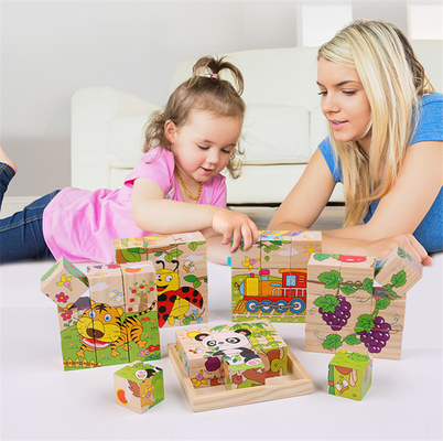 Het Speelgoed Dierlijk Fruit die van het baby Houten Blok vroeg Zes Zij 3D Kubusfiguurzaag leren