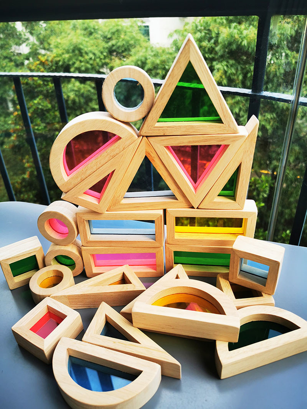 Het Houten Toy Sensory Rainbow Mirror Blocks Stevige Rubberhout die van jonge geitjesmontessori Acrylbuliding-Stapelaar stapelen Onderwijs